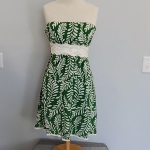 Green and white print strapless dress